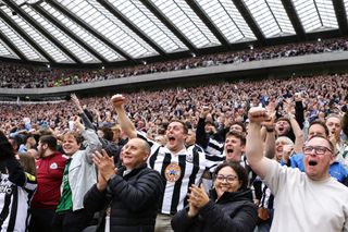 Newcastle fans celebrate their first goal during the Premier League match between Newcastle United FC and Tottenham Hotspur FC at St James' Park on September 1, 2024 in Newcastle upon Tyne, England