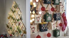 ikea wall-hung timber alternative christmas tree with ornaments and gift bags hung 