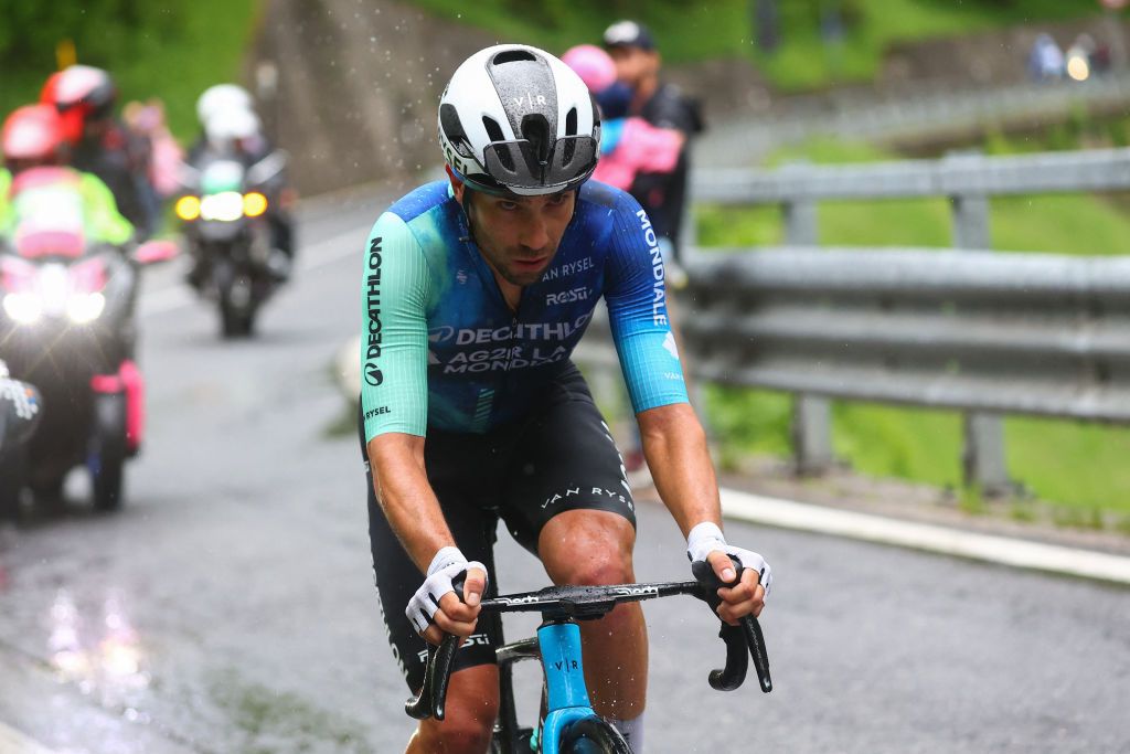 Team Decathlon AG2R's Italian rider Andrea Vendrame breaks away as he competes in the 19th stage of the 107th Giro d'Italia cycling race, 157km between Mortegliano and Sappada on May 24, 2024. (Photo by Luca Bettini / AFP)
