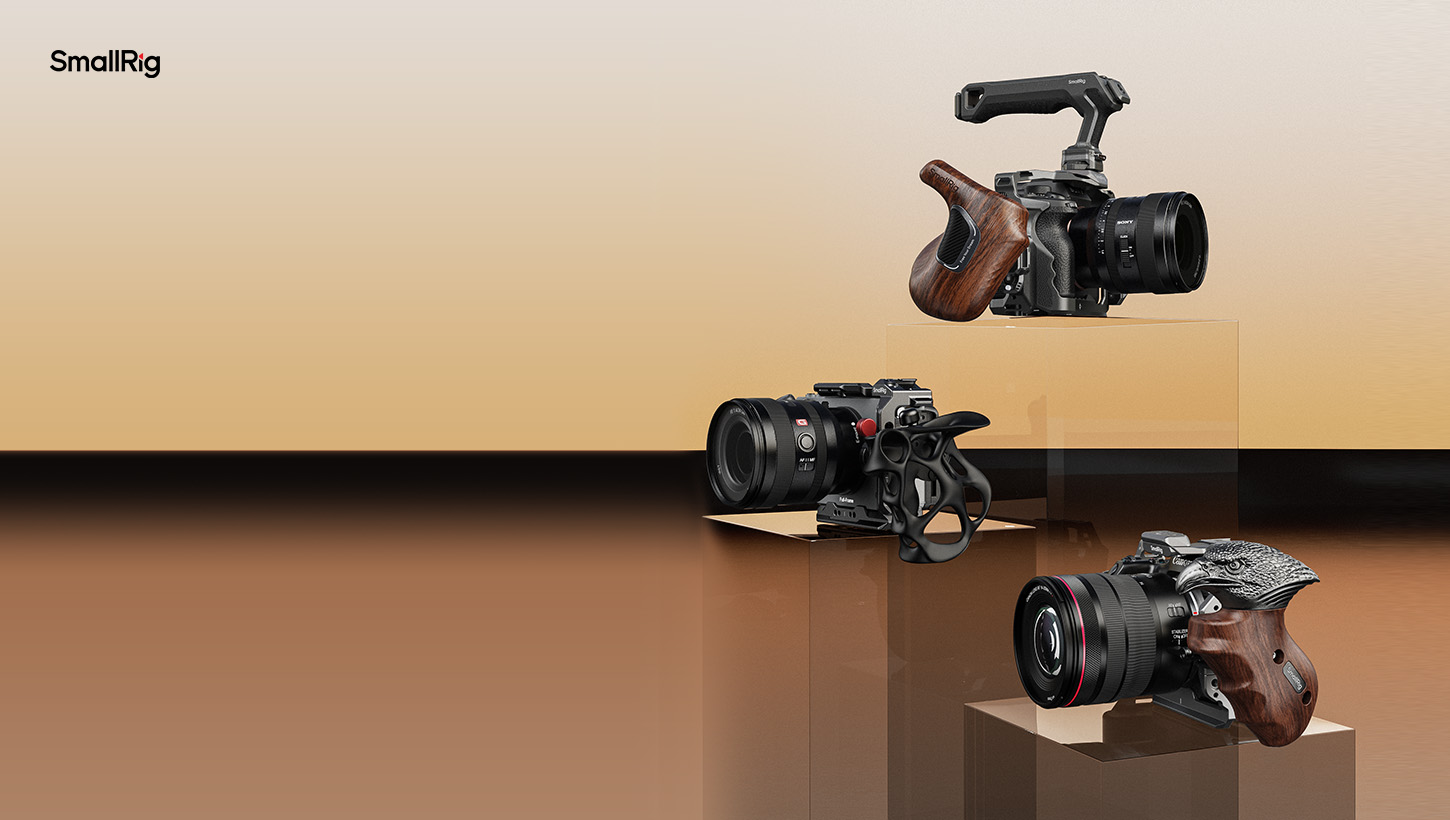 SmallRig ImageGrip series on different height platforms in front of earthy brown and yellow gradients