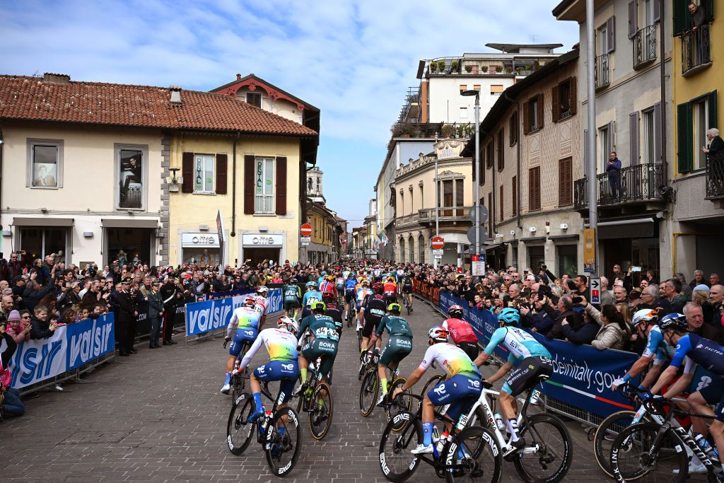 RHO ITALY MARCH 13 A general view of the peloton prior to the 105th MilanoTorino 2024 a 177km one day race from Rho to Salassa 346m UCIWT on March 13 2024 in Rho Italy Photo by Dario BelingheriGetty Images