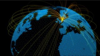 A digitised globe with yellow beams spreading from the UK to the rest of the world