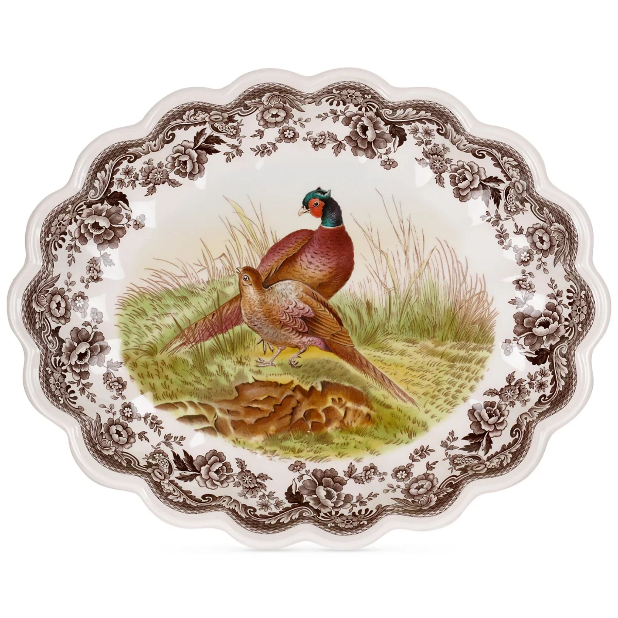Scalloped floral platter with central pheasant illustration