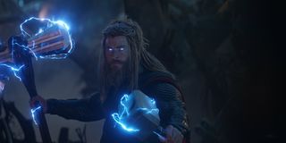 Thor dual wielding hammers in his battle with Thanos
