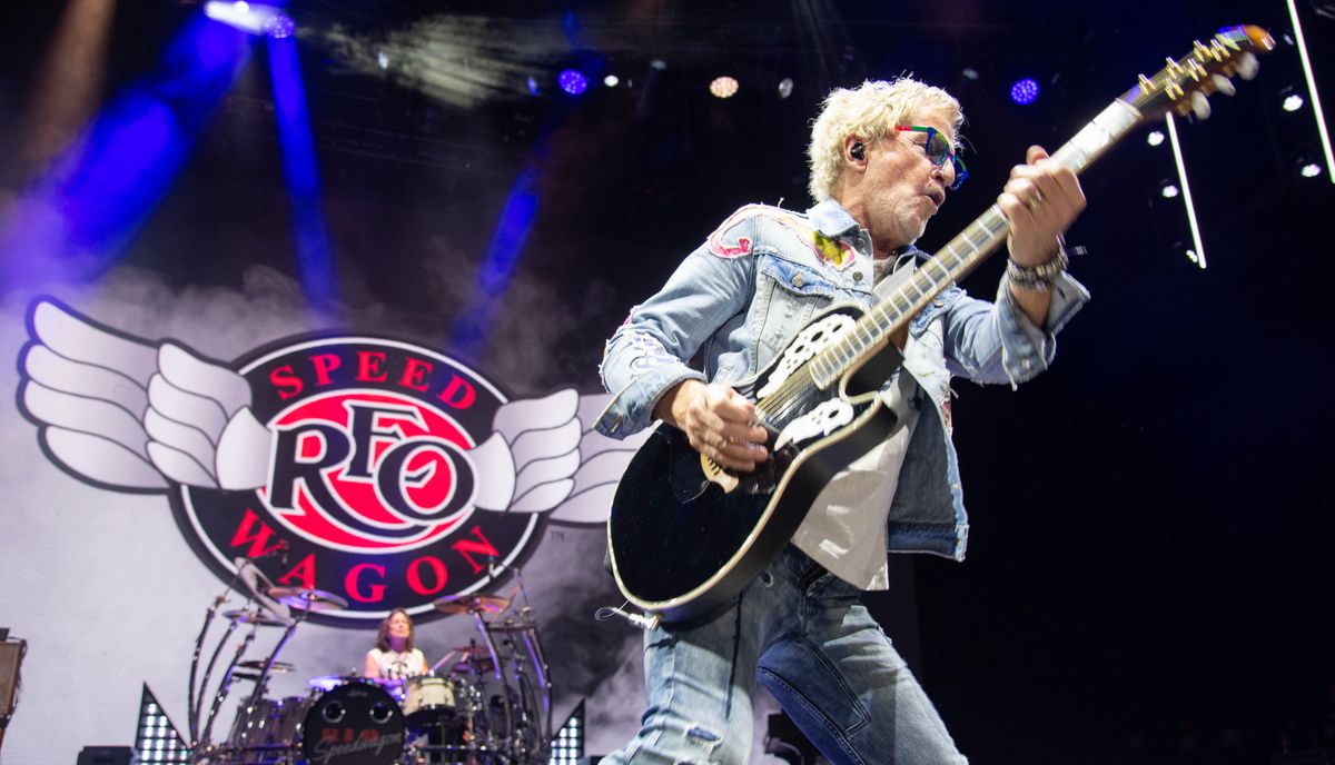 Kevin Cronin and Bryan Hitt of REO Speedwagon performs during their Summer Road Trip Tour at Fiddler’s Green Amphitheatre on August 28, 2024