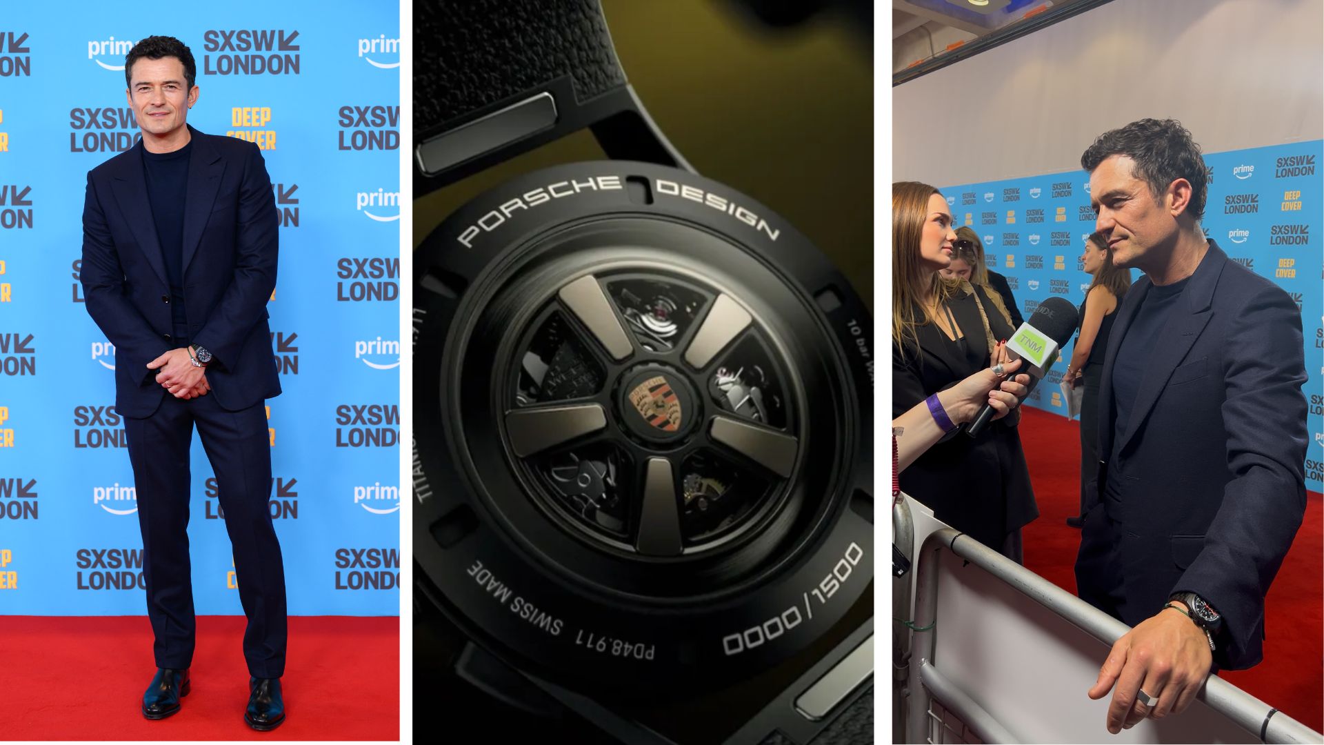 an image of three pictures. The left one shows orlando bloom posing in front of the backscreen for Deep Cover film premiere at South by South West in London. The middle image shows a close up of the back of a Porsche watch, the final image on the right shows Orlando Bloom being interviewed on the red carpet