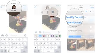 Send current location, showing how to tap the name at the top of a Messages conversation, then tap Info, then tap Send My Current Location