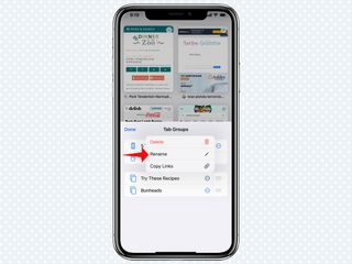 A red arrow points at Rename in the Tab Groups menu in Safari in iOS 15