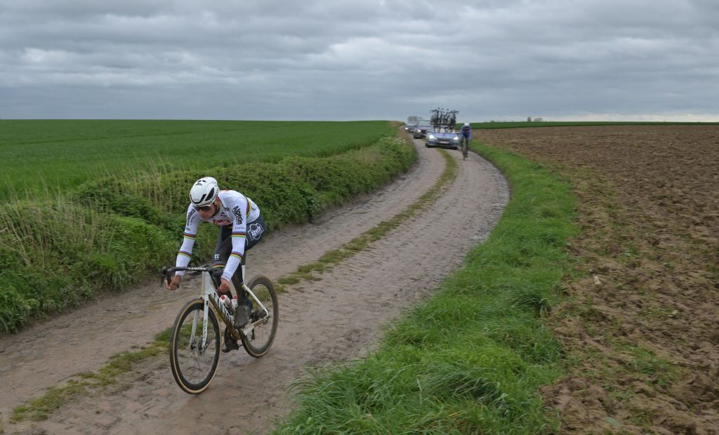 Dutch Mathieu van der Poel of Alpecin-Deceuninck pictured in action during the reconnaissance of the track ahead of this year's Paris-Roubaix cycling race, Friday 05 April 2024, around Roubaix, France. The Paris-Roubaix cycling races will take place this weekend, with the women riding on Saturday and the men on Sunday.
BELGA PHOTO JONAS ROOSENS (Photo by JONAS ROOSENS / BELGA MAG / Belga via AFP)