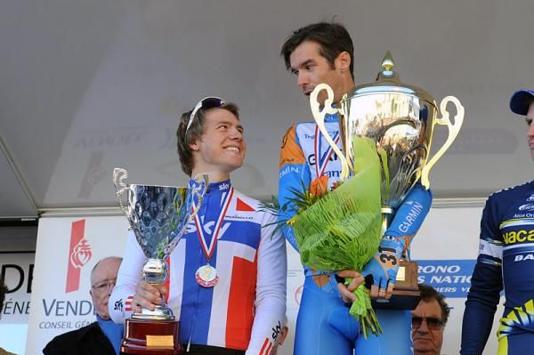 Runner-up Edvald Boasson Hagen and winner David Millar share a laugh on the podium.