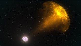 This simulation shows jets of material ejected into space by a neutron star merger.