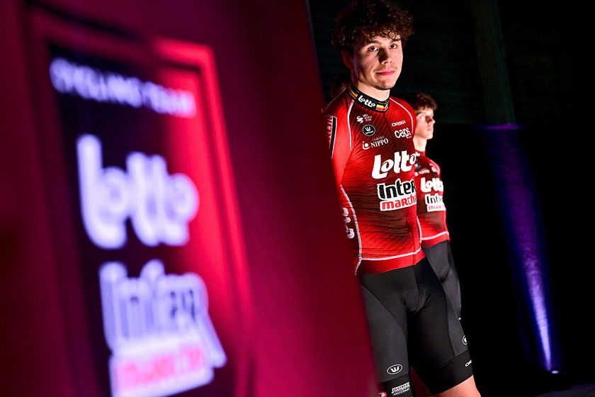 Arnaud De Lie at the 2026 Lotto-Intermarch&eacute; team launch