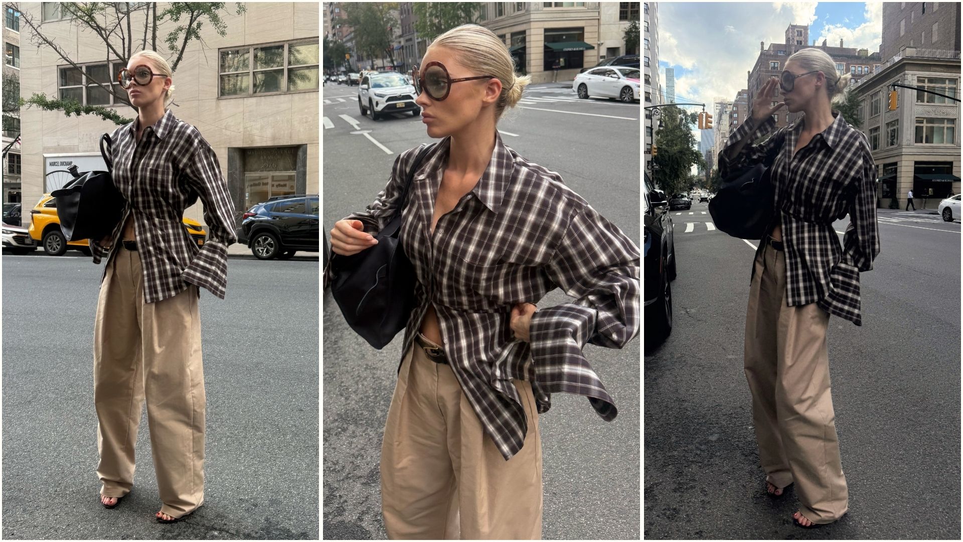 An image of Elsa Hosk wearing beige trousers with a checked shirt whilst in New York. 