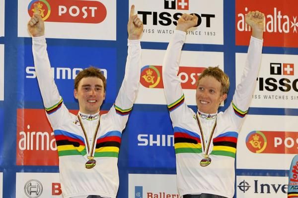 Men's madison champions Leigh Howard and Cameron Meyer on the podium for Australia.