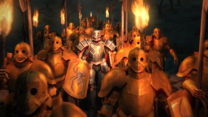 Official art from King's Field 4, depicting a knight in silver armor amid numerous soldiers in bronze armor carrying torches