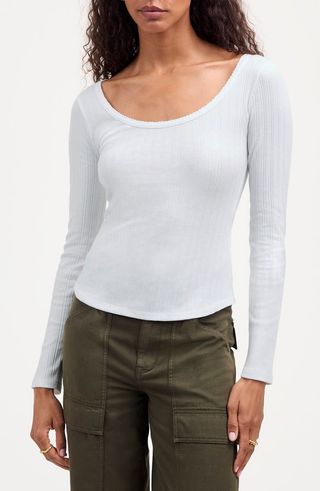 Pointelle Scoop Neck Long Sleeve Top