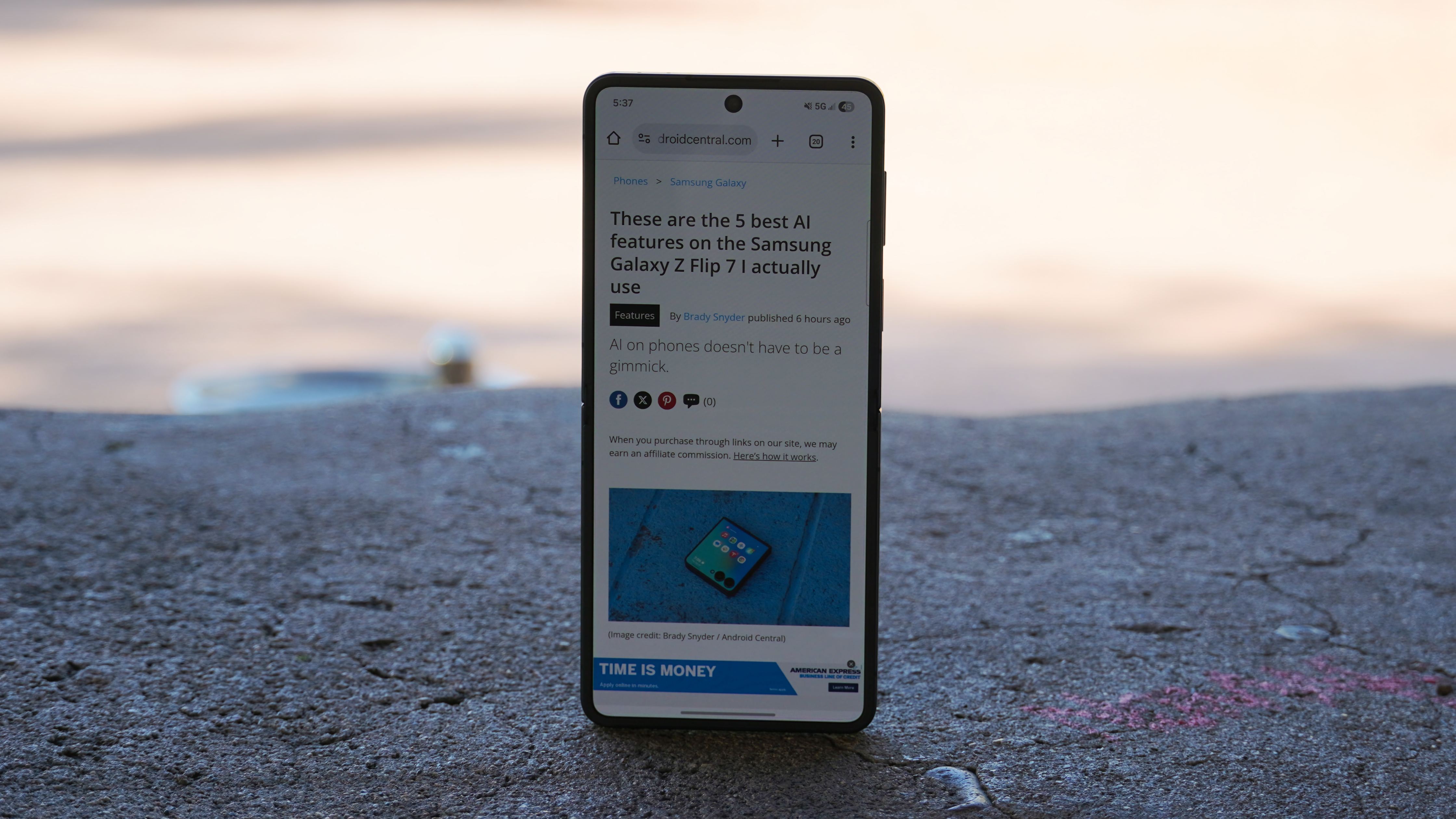 The Samsung Galaxy Z Flip 7 opened to an Android Central article.