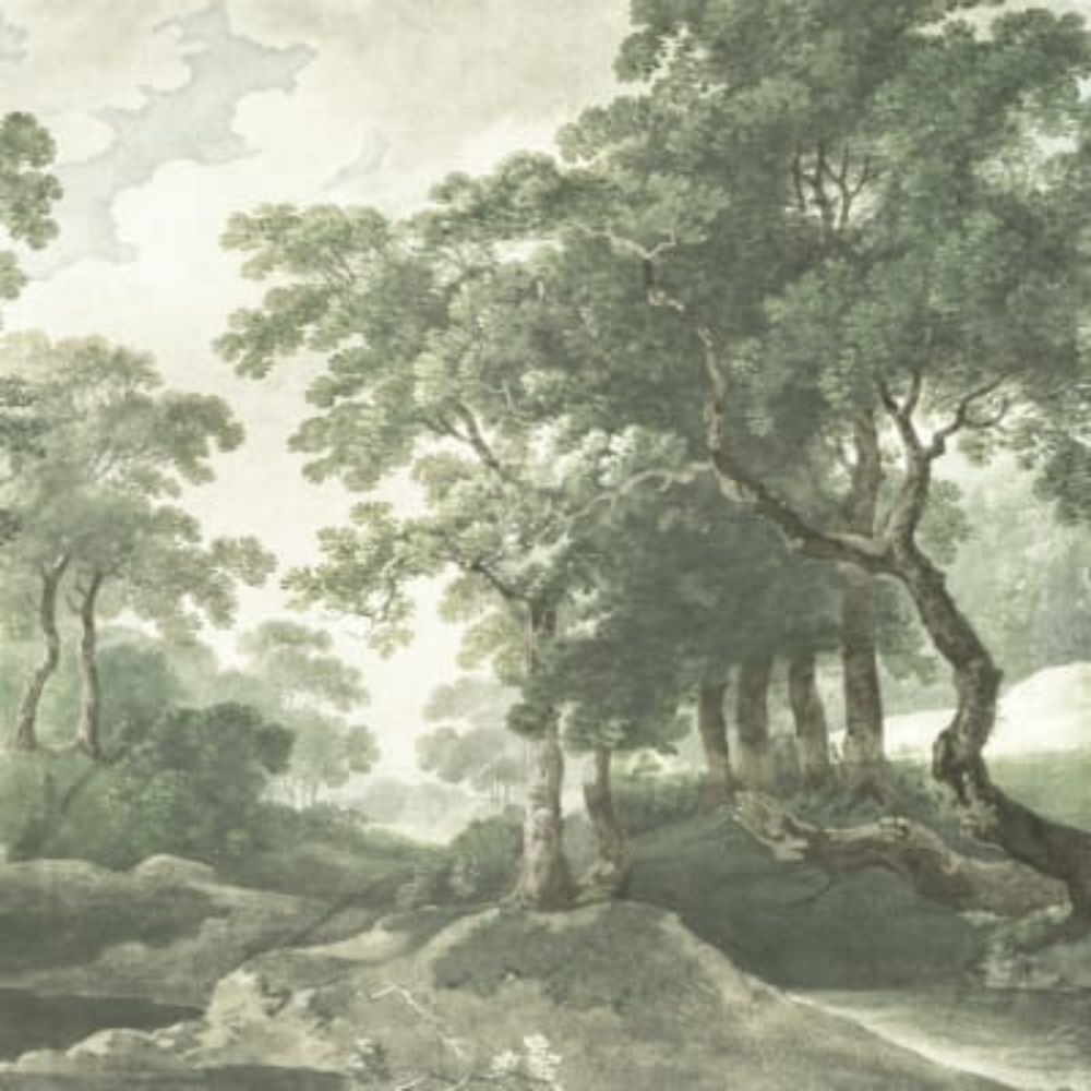 Scenic wallpaper mural depicting a woodland landscape with tall leafy trees, shaded greenery, and a soft cloudy sky.