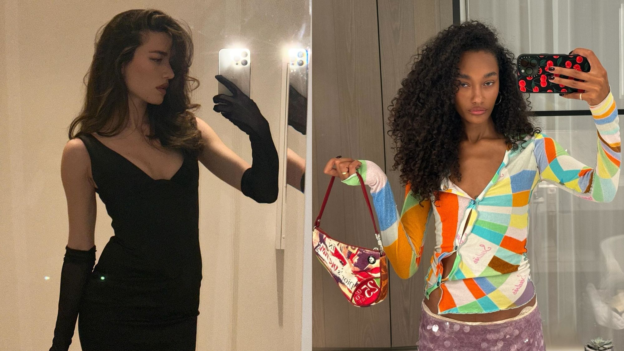 Split image of two women taking mirror selfies with voluminous, textured hair.