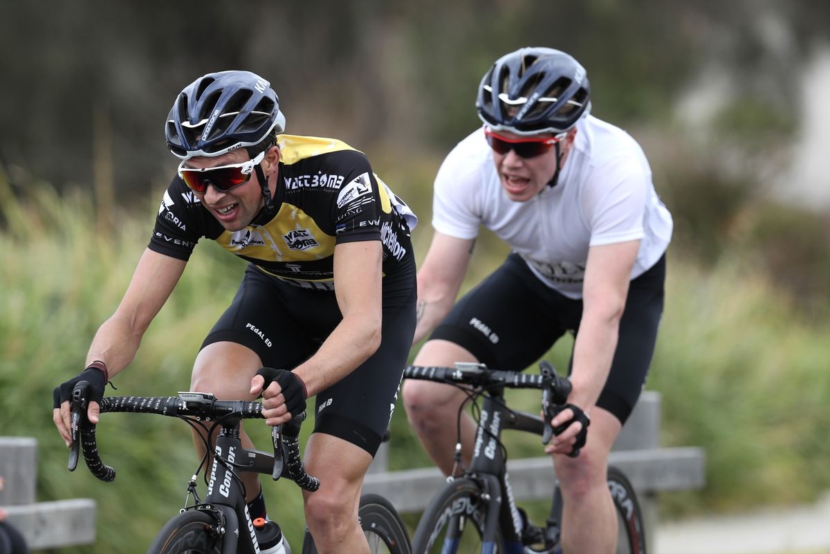 Ian Bibby (JLT Condor) with Matt Gibson on his wheel