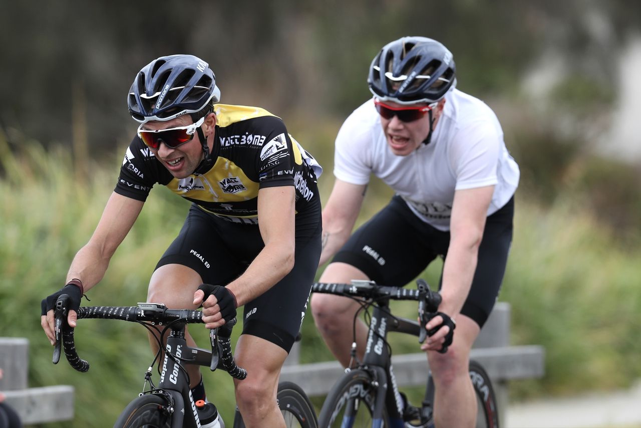 Ian Bibby (JLT Condor) with Matt Gibson on his wheel