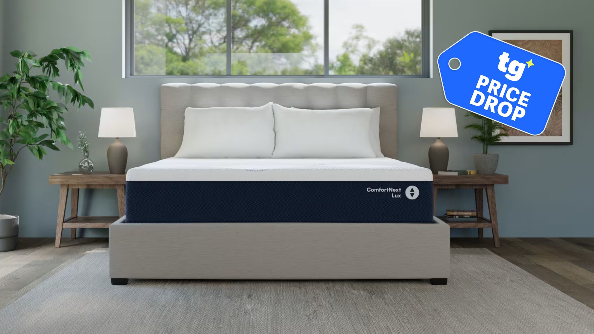 The Sleep Number ComfortNext Lux in a bedroom. A deals badge is seen in the top right foreground. 