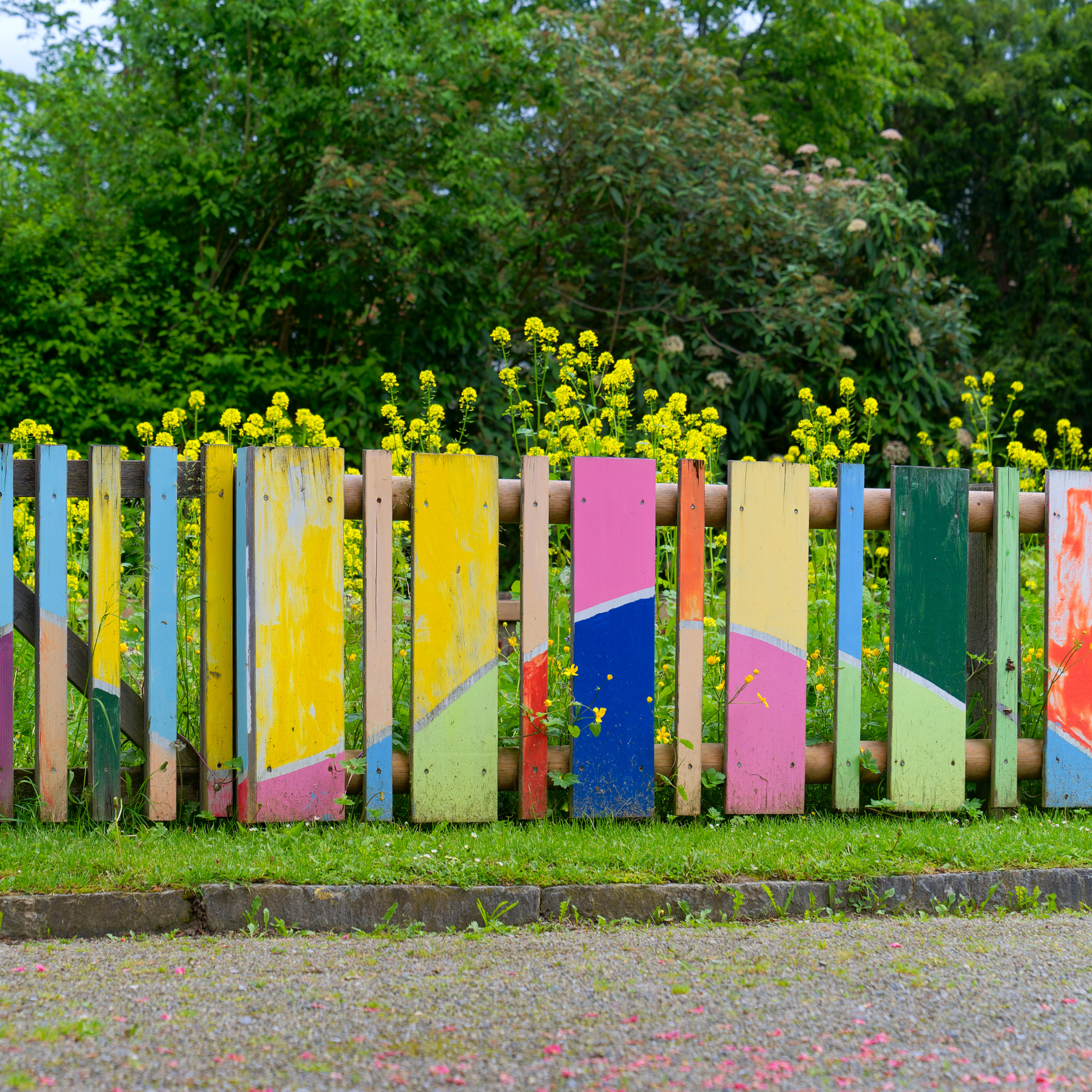 Neon, brightly painted garden fence