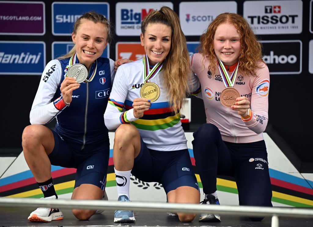 elite women&rsquo;s XCO podium (l-r): Loana Lecomte (France) with silver, Pauline Ferrand-Pr&eacute;vot (France) with gold and Puck Pieterse (Netherlands) with bronze