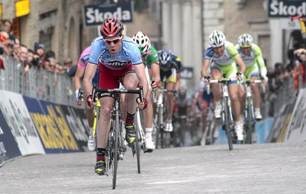Cadel Evans (BMC) makes a powerful surge in the stage six finale.