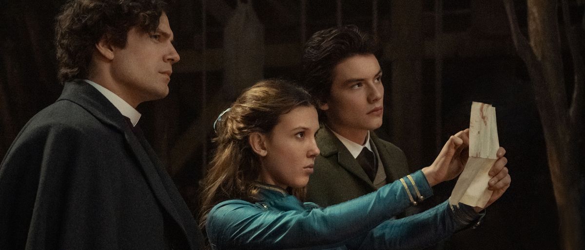 Millie Bobby Brown, Henry Cavill and Louis Partridge in Enola Holmes 2