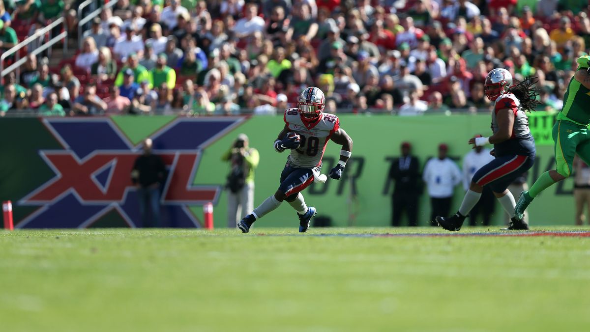 James Butler #28 of the Houston Roughnecks carries the ball during the XFL game against the Tampa Bay Vipers at Raymond James Stadium on February 22, 2020 in Tampa, Florida.