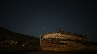 A Gemini meteor streaking across the sky above the Point Reyes shipwreck in California.