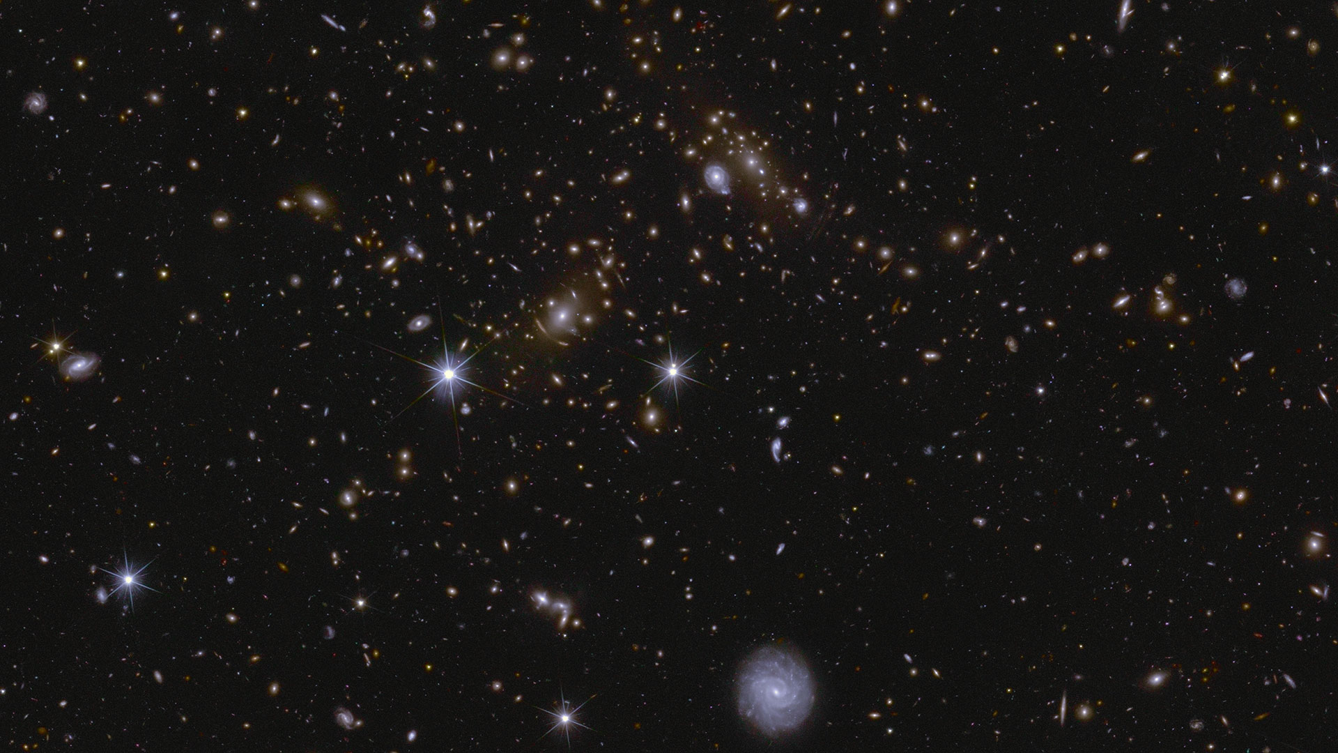 galaxies of many different shapes and sizes, oriented in all directions and many with spiral arms visible