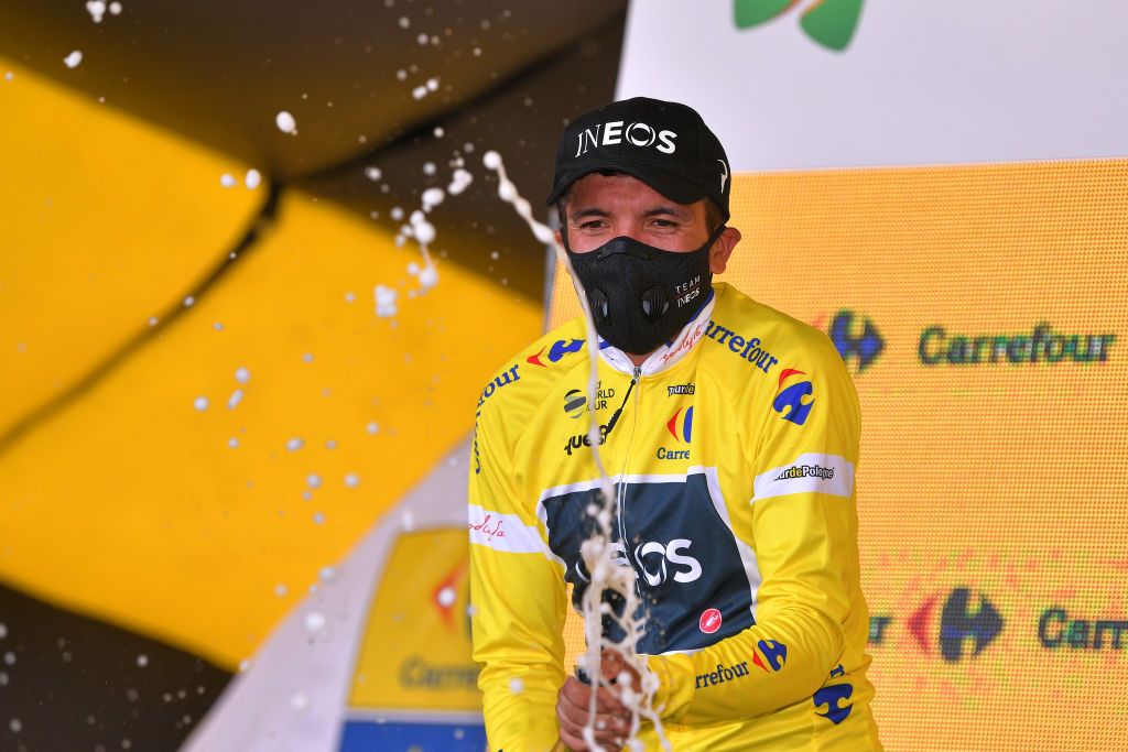 Richard Carapaz (Team Ineos) in the leader's jersey after winning stage 3 of the 2020 Tour de Pologne