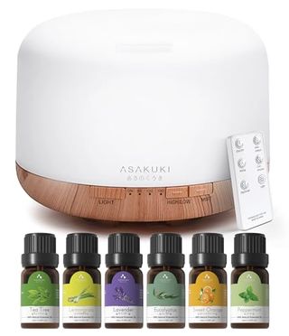 Asakuki Essential Oil Diffuser With Oil and Remote, 500ml Aromatherapy Diffuser - 14 Led Colors & Auto Shut-Off, Top 6 Essential Oils Set - Lavender Eucalyptus Tea Tree Orange Peppermint Lemongrass