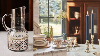 A three-panel image showing some of the Mimi Thorisson Anthropologie collection - a water pitcher, plates, a cup, and two taper candle holders