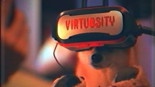 A dog wears VR goggles in the live-action trailer for Humanity.