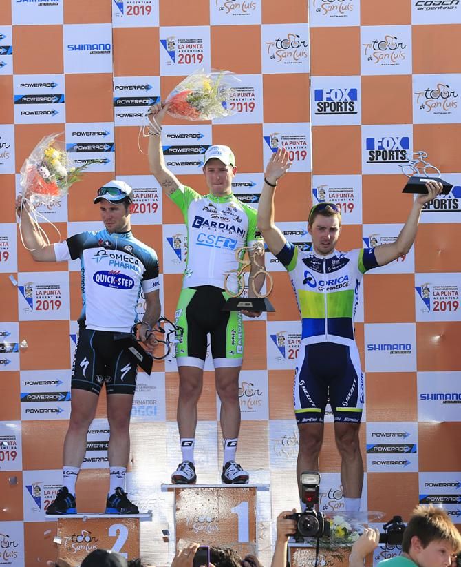 The stage 2 podium in San Luis: Mark Cavendish, Sacha Modolo and Leigh Howard