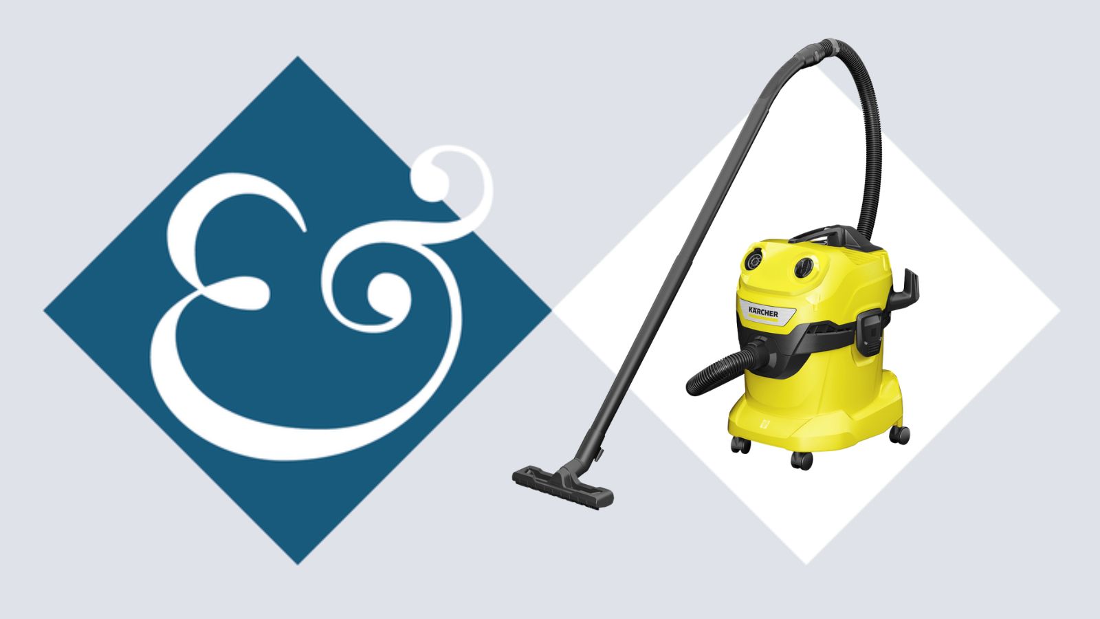 Yellow Karcher WD4 Wet &amp; Dry Vacuum Cleaner on a blue background with the Homes &amp; Gardens '&amp;' logo to the left-hand side