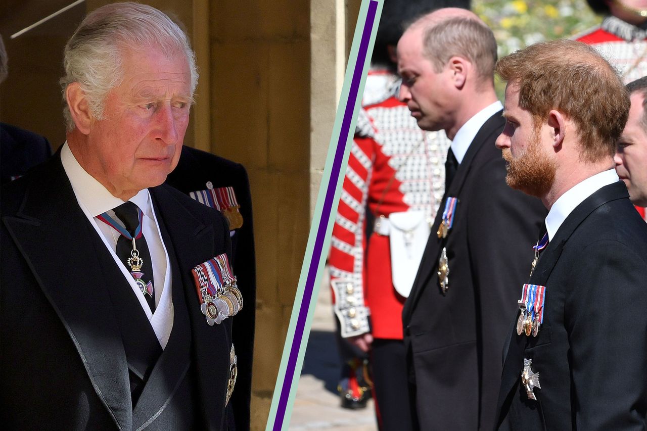 King Charles at Prince Philip&#039;s funeral split layout with Prince William and Harry at Prince Philip&#039;s funeral