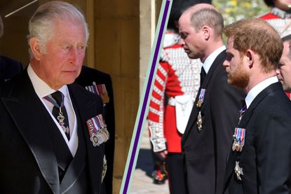 King Charles at Prince Philip's funeral split layout with Prince William and Harry at Prince Philip's funeral