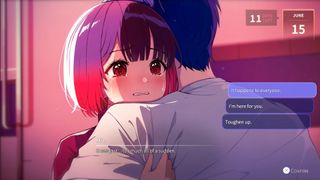 A screenshot of the player character hugging Min in Eternights.