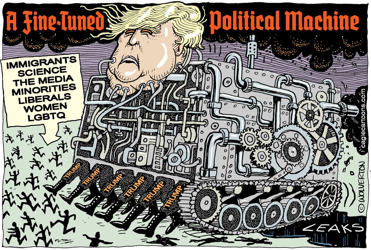 Political Cartoon U.S. Donald Trump political machine immigrants science media leaks