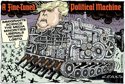 Political Cartoon U.S. Donald Trump political machine immigrants science media leaks