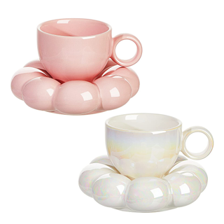 A pair of cups and cloud saucers in white and pink