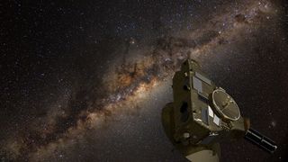 illustration of a spacecraft in deep space, with the milky way galaxy&#039;s glowing central bulge in the background