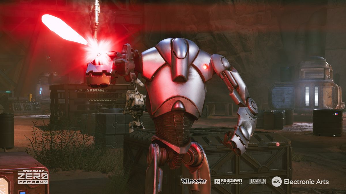 Still from the turn-based tactics video game 'Star Wars: Zero Company'. A top-heavy yet sleek armored droid is firing a lazer from their wrist.