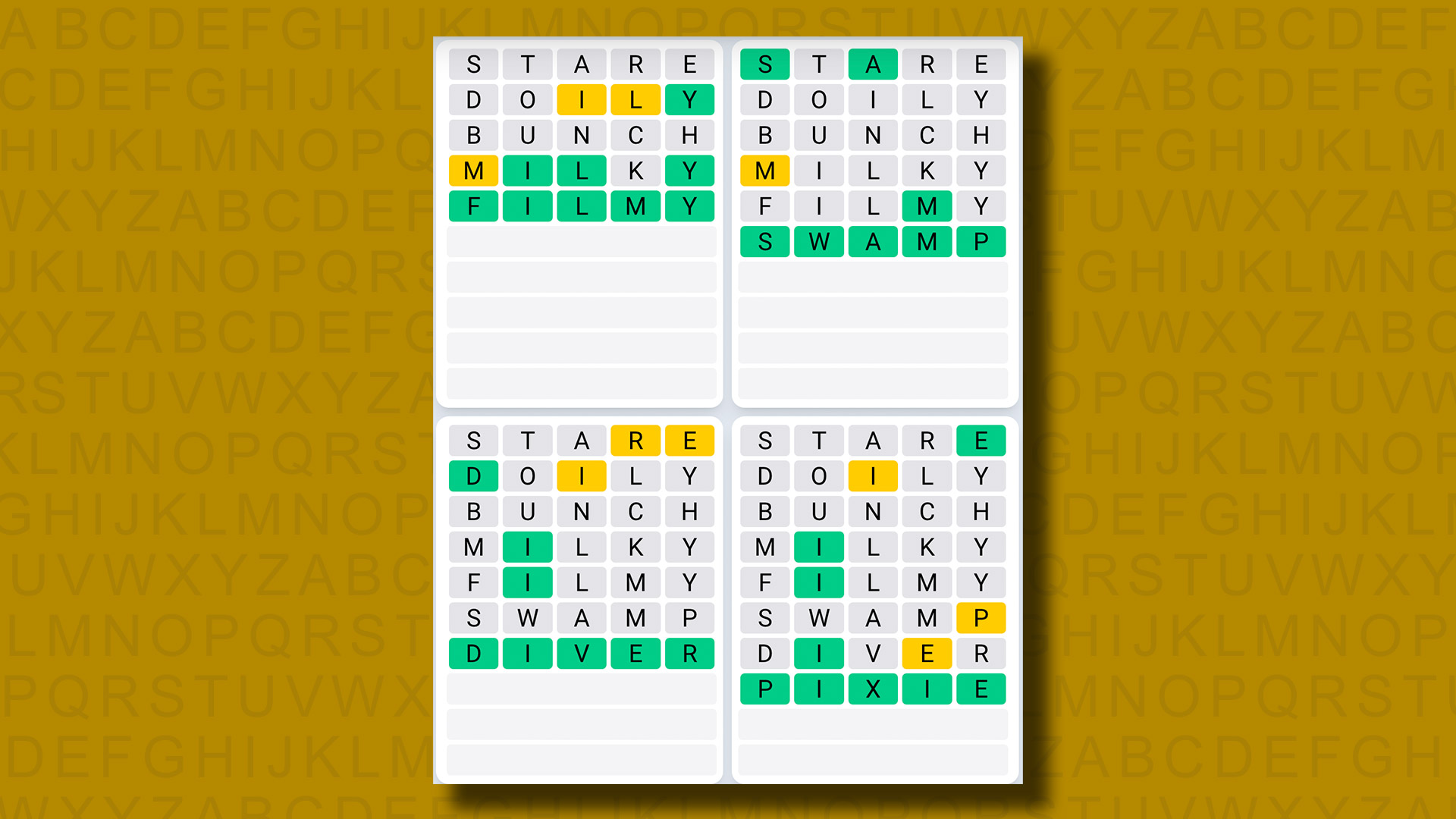 Quordle Daily Sequence answers for game 1030 on a yellow background