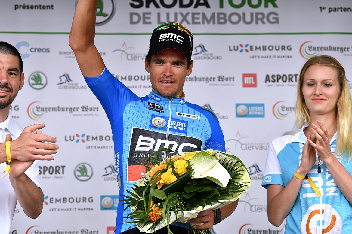 Greg Van Avermaet consolidating the jerseys after stage 3 of the Tour de Luxembourg