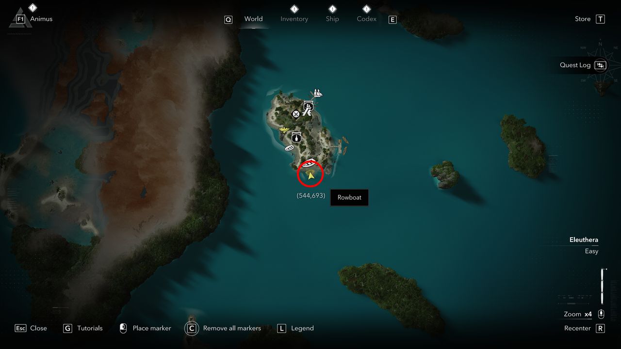 Black Flag treasure maps: A screenshot of the map with a red circle showing the location of the buried treasure chest on Andreas Island.